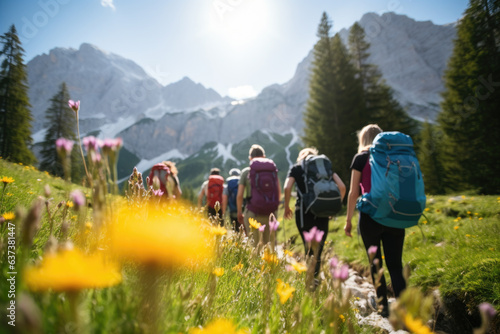 Group of backpackers climbing to the Julian Alps, surrounded by beautiful nature. Travel, backpacking and active lifestyle concept. 