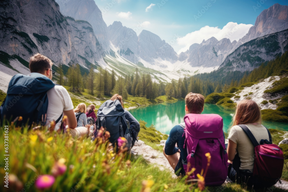 Group of backpackers sitting and resting while climbing to the Julian Alps, surrounded by beautiful nature. Travel, backpacking and active lifestyle concept.  