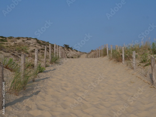 A small sand path goes through the sand dunes on a sunny day. June 2023, Cap Ferret, France.