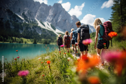 Group of backpackers climbing to the Julian Alps, surrounded by beautiful nature. Travel, backpacking and active lifestyle concept.  photo
