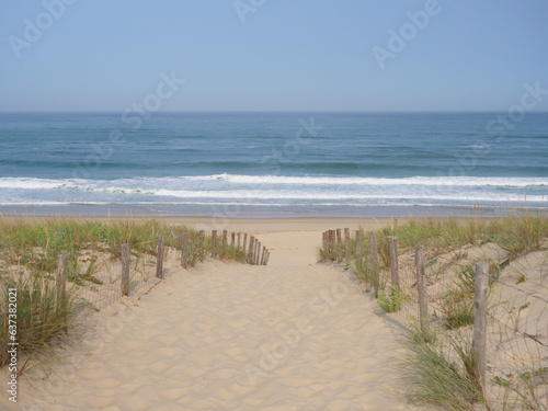 A small sand path goes through the sand dunes with the Atlantic Ocean in the background. June 2023  Cap Ferret  France.