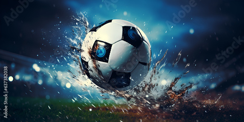 football with water splash, Soccer ball on dark stadium background on grasses, Water drops around soccer ball on blue background Generative AI