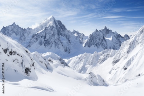 Snow-covered mountain range under a clear blue sky © Marius