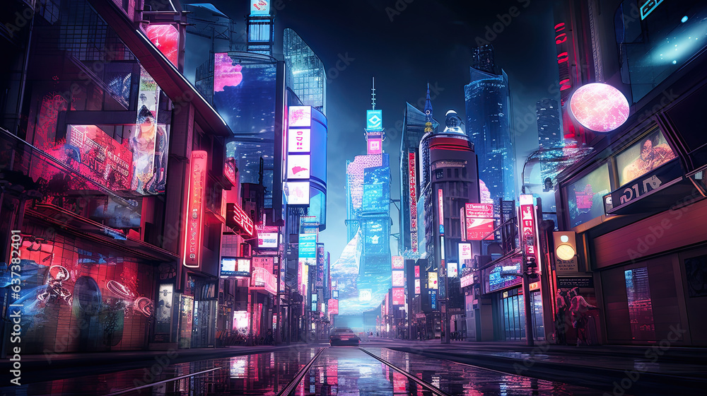 Cyberpunk city filled with pink neon lights, street art, futuristic, neon jungle, urban cityscape, illustration