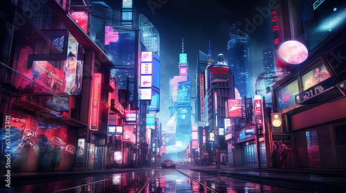 Cyberpunk city filled with pink neon lights, street art, futuristic, neon jungle, urban cityscape, illustration