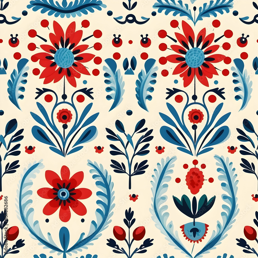 Floral folk seamless pattern, retro old tiles mosaic