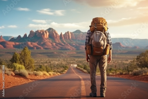 Young backpacker hitchhiking road in Sedona canyon on a sunny day. Auto stop adventure, backpack concept.