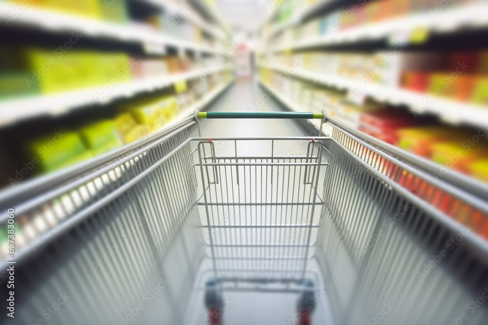 Empty green shopping cart with abstract supermarket. generative ai Empty green shopping cart with abstract supermarket. generative ai