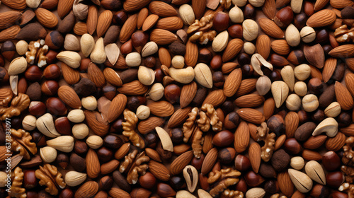 A set of different types of nuts in a heap. Advertising shot of walnut, hazelnuts, almonds and pistachios