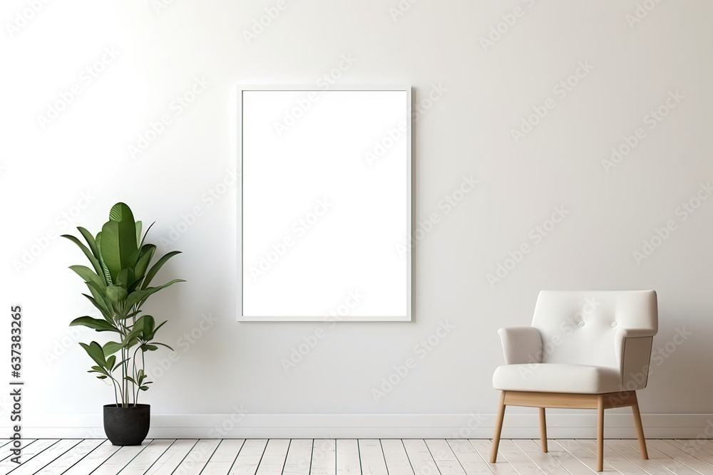 Blank wooden picture frame mockup in modern interior. Vertical template mock up for artwork, painting, photo or poster in interior design, generative AI Blank wooden picture frame mockup in modern interior. Vertical template mock up for artwork, painting, photo or poster in interior design, generative AI