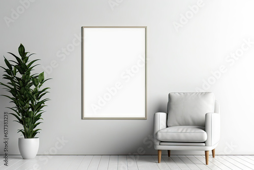 Blank wooden picture frame mockup in modern interior. Vertical template mock up for artwork, painting, photo or poster in interior design, generative AI 