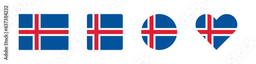 Iceland icon. Icelandic flag signs. National badge symbol. Europe country symbols. Culture sticker icons. Vector isolated sign.