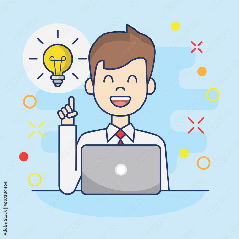 Good idea vector illustration. Man with laptop on isolated background. Bulb sign concept. Good idea vector illustration. Man with laptop on isolated background. Bulb sign concept.
