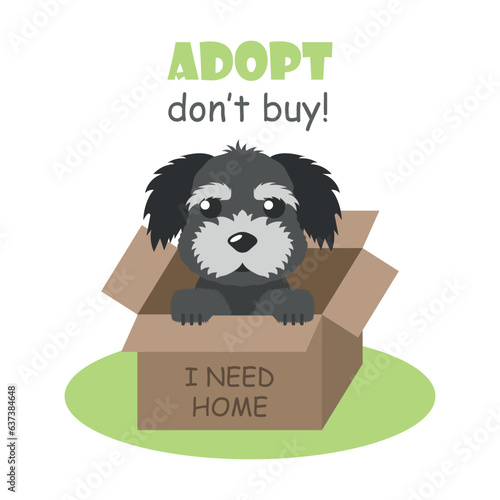 Pets adoption vector illustration. Dog in a box on isolated background. Homeless animals conceptsign concept.