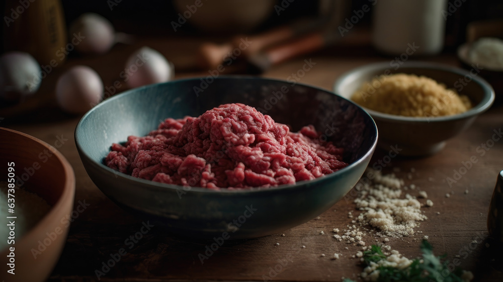 mixing ground meat and ingredients in bowl. mixing ground meat and ingredients in bowl.
