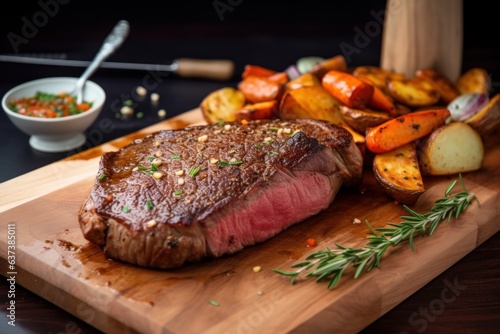 A deliciously cooked steak with roasted potatoes and carrots on a rustic wooden cutting board