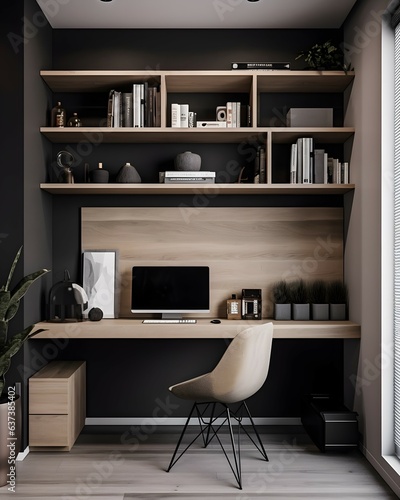 A panoramic view of a home office with a built-in desk made of natural wood and plenty of storage space. The room has a modern and minimalistic style with natural wood accents, but also has plenty