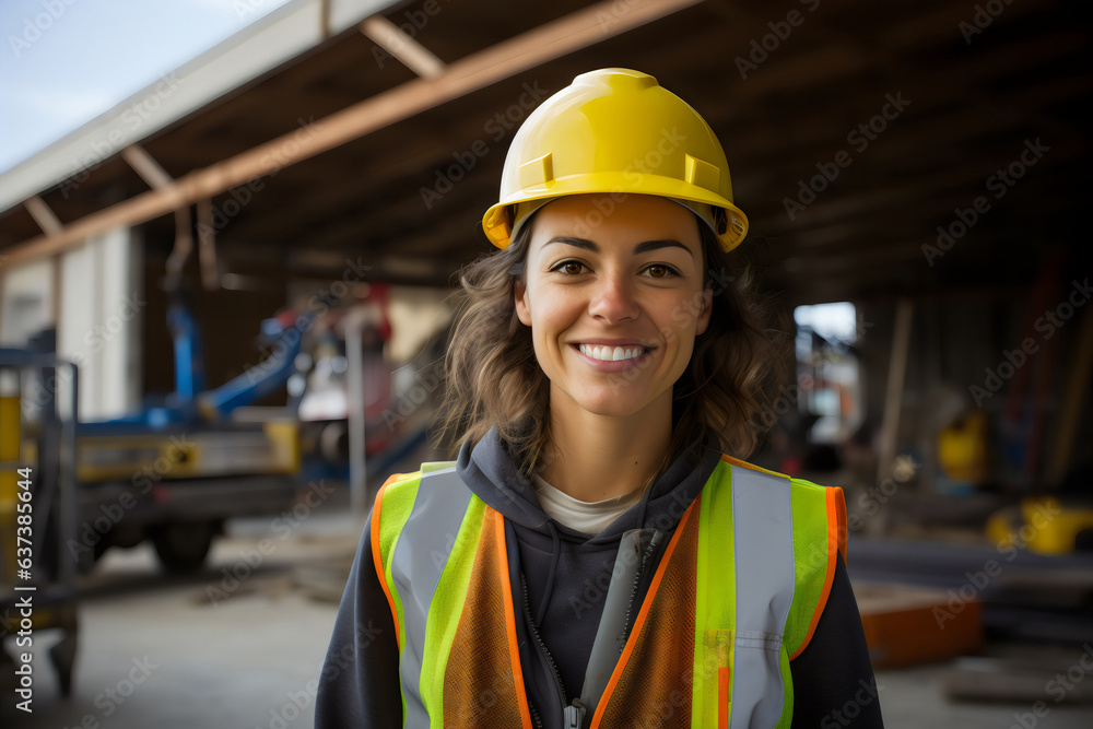 portrait of smiling female engineer on site wearing hard hat, high vis vest, and ppe portrait of smiling female engineer on site wearing hard hat, high vis vest, and ppe