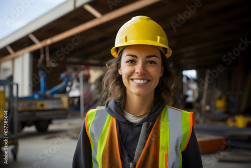 Fototapeta portrait of smiling female engineer on site wearing hard hat, high vis vest, and