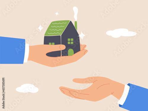 Financial advisor on legacy planning concept. Inherit house or real estate from parents, passing an inheritance to children, father giving house, wealth or property to his children small hand.