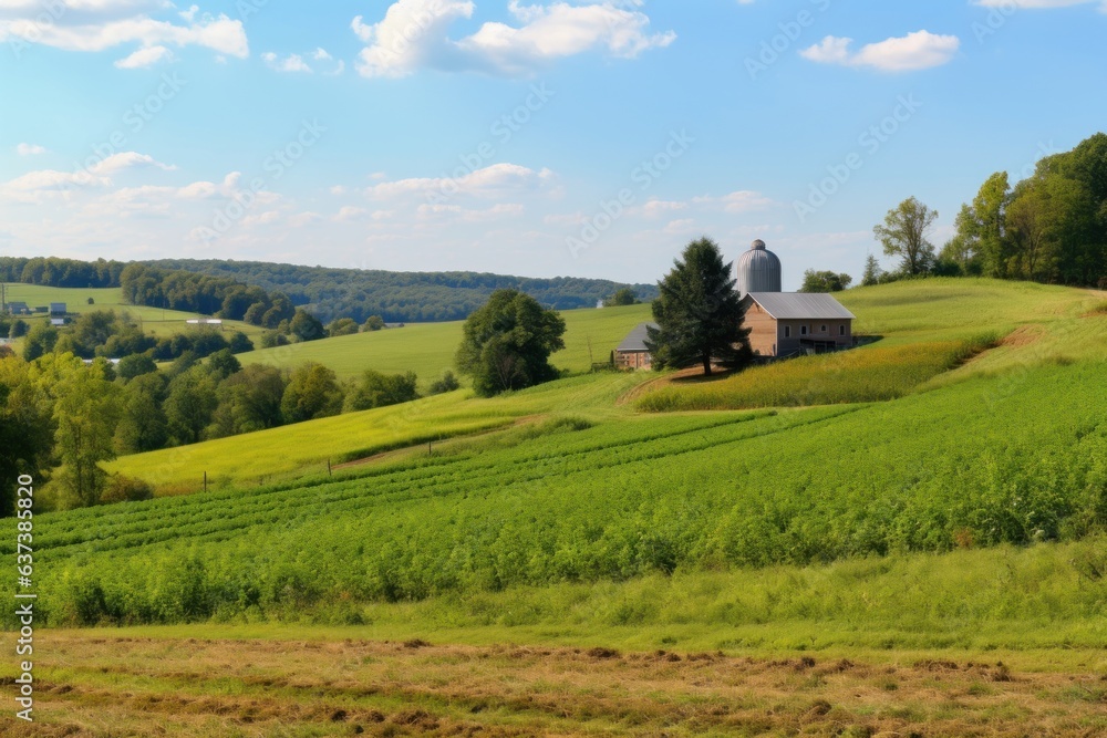 A picturesque farm with a barn nestled atop a scenic hill A picturesque farm with a barn nestled atop a scenic hill