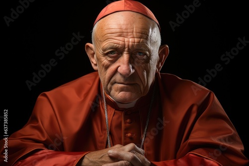 Close-up portrait of serious senior adult Catholic Pope in red cassock