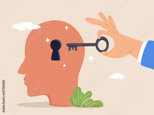 Unlock true potential concept. Motivation to set new mindset, key to success or career achievement, learning or imagination, businessman hand putting golden key to unlock potential in human brain.