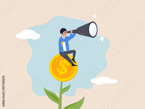 Growing wealth concept. Investment or saving growth, financial and banking forecast, earning profit or grow income or mutual fund return, man look through telescope on plant with money coin flower.
