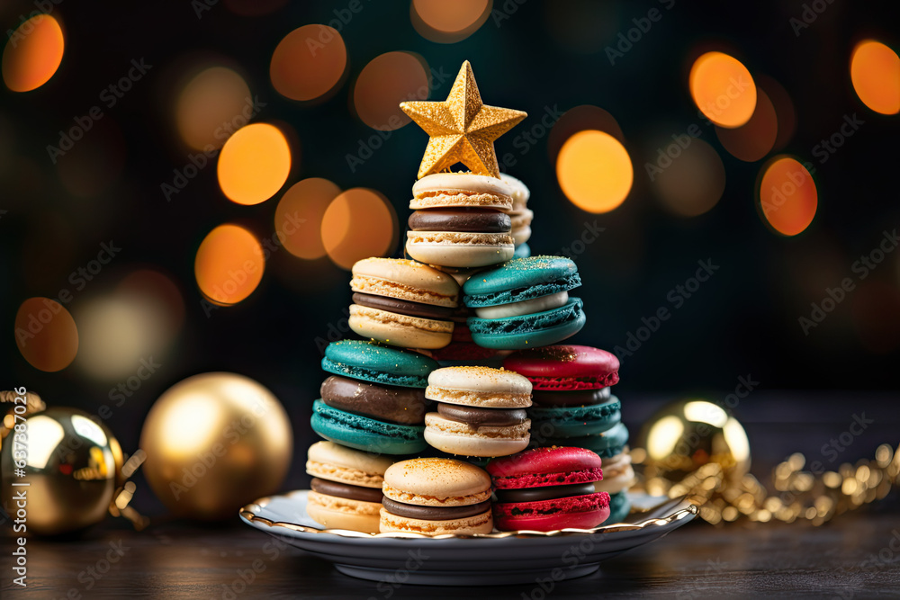 Obraz premium Sweet macaroons arranged in a Christmas tree with a star on the top