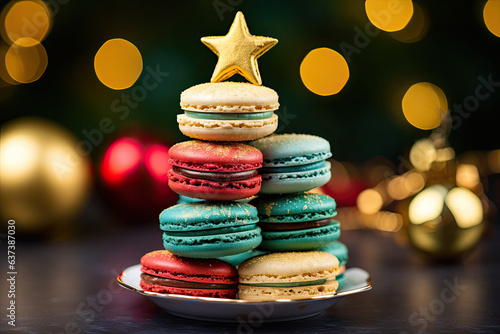 Sweet macaroons arranged in a Christmas tree with a star on the top