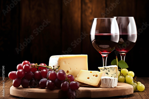 Cheese and grapes with glasses of red wine on a wooden board.