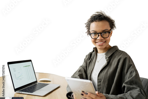 An employee of the CEO-programmer at work uses a laptop computer and the Internet, a workplace. A smart young woman with curly hair in an office shirt. Transparent background, png.