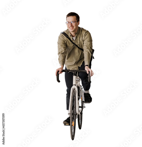 The courier is a man walking on a bicycle, a happy man training for cardio.  Transparent background, png.