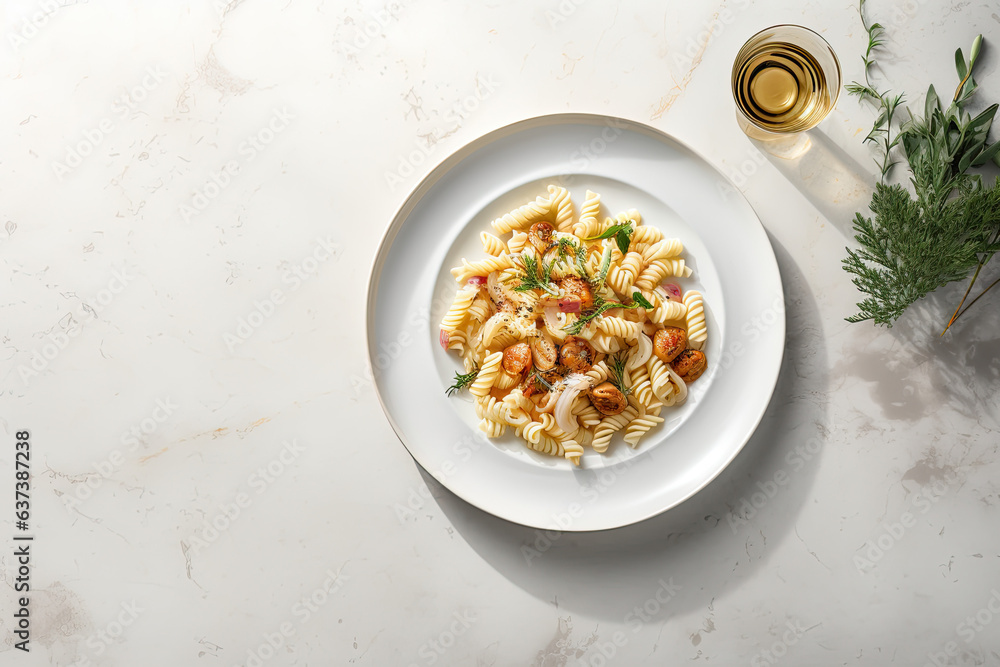 Close up of a pasta, top view, grey marble table Close up of a pasta, top view, grey marble table