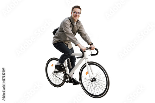 A male freelancer in a helmet is a full-length cyclist. A guy riding an ecotransport going to work. A white bicycle. Transparent background, png.