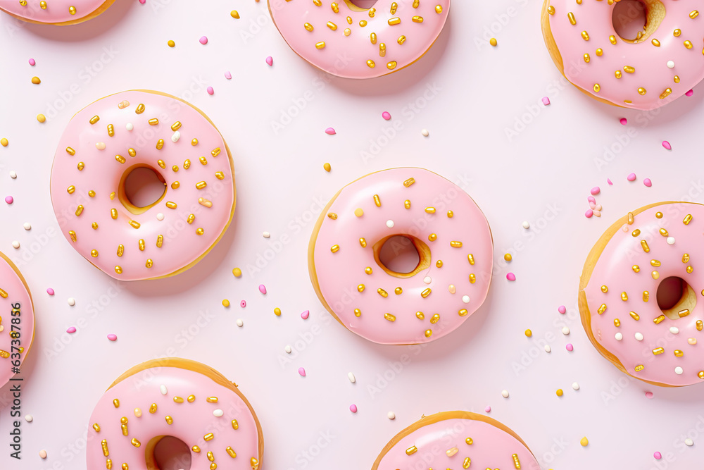 Delicious donut pattern, pastel trendy colours, pattern Christmas themed, flat lay, top view Delicious donut pattern, pastel trendy colours, pattern Christmas themed, flat lay, top view