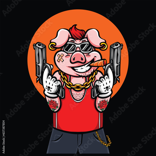 pig gangster holding gun vector