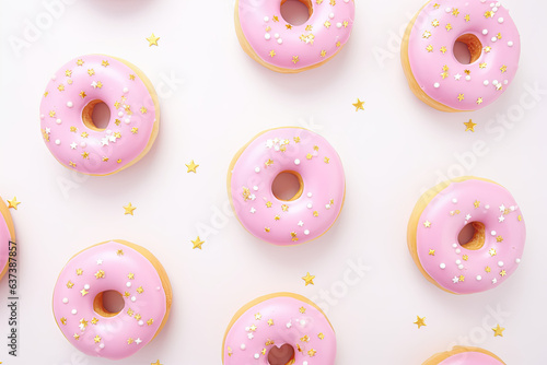 Delicious donut pattern, pastel trendy colours, pattern Christmas themed, flat lay, top view 