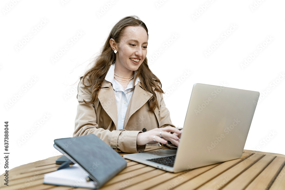 Manager, lawyer, assistant, working at the computer alone. A woman uses a laptop at an office workplace, business clothes on her face. Transparent background, png. Manager, lawyer, assistant, working at the computer alone. A woman uses a laptop at an office workplace, business clothes on her face. Transparent background, png.