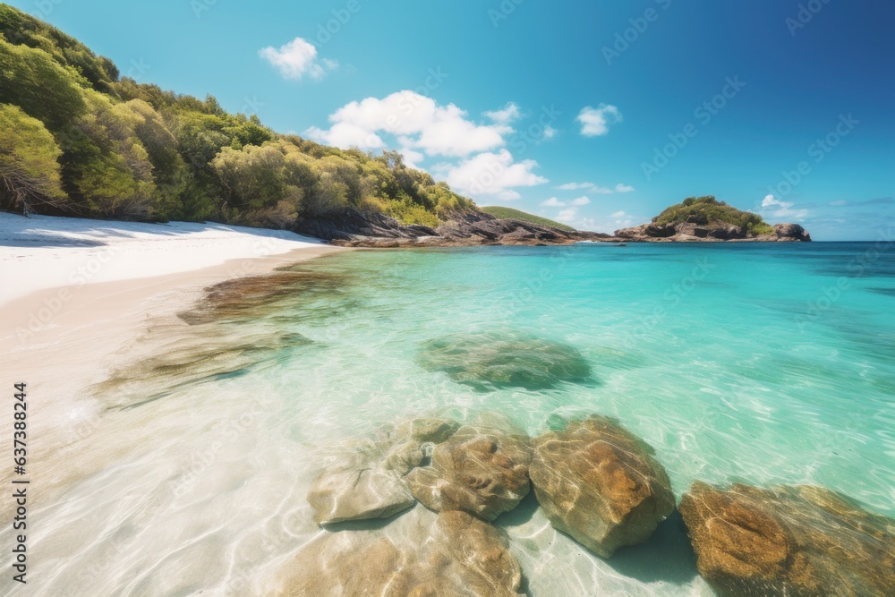 A serene sandy beach with crystal clear blue waters and rugged rock formations