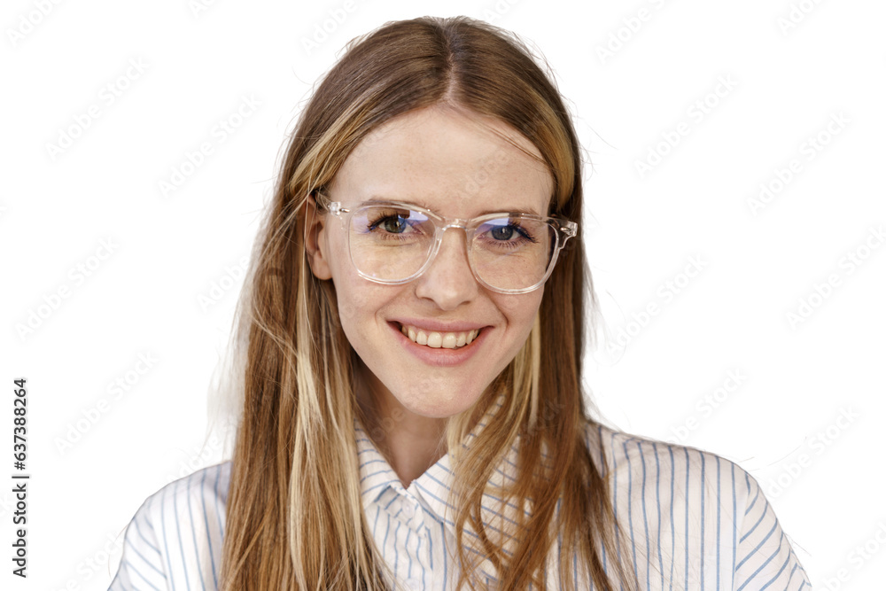 Portrait of a close-up woman with glasses programmer, manager, assistant, looking at the camera, employee in the office and at work.    Transparent background, png.
