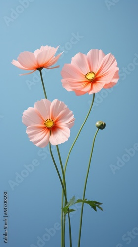 Pink cosmos flowers on a blue background, vertical orientation.