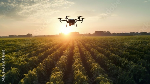 Agriculture drone flies to sprayed fertilizer on the fields. Smart farming, modern technology. Uses drone for soil analysis, scanning technology. Digital agriculture.