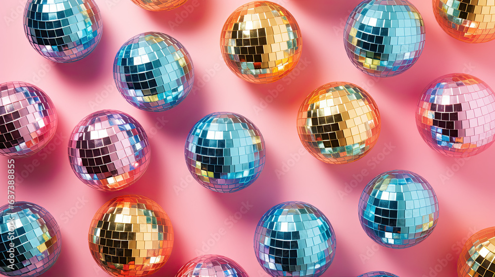 Disco ball pattern, flat lay, party festive background Disco ball pattern, flat lay, party festive background