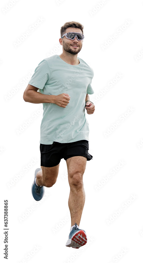 An athlete performing a workout in running shoes. A man jogging alone at full height. Uses a smart fitness watch.  Cardio training in fitness clothes.    Transparent background, png.