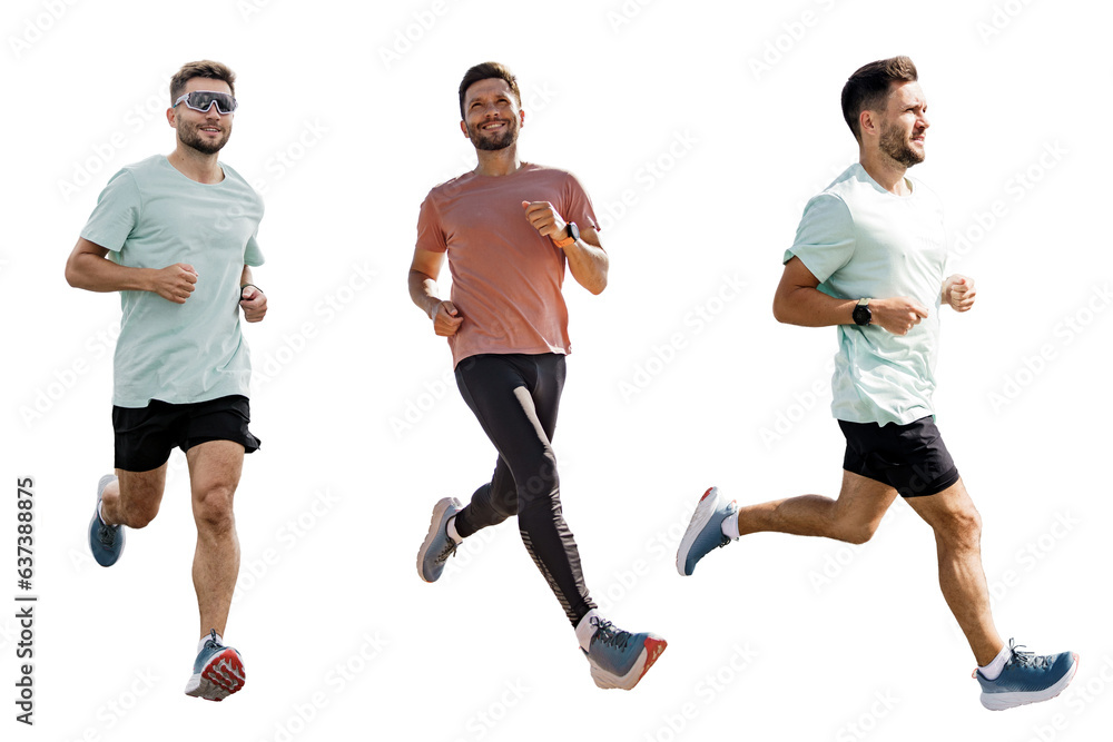 A collage of a man jogging full-length. Cardio training in fitness clothes.   An athlete performing a workout in running shoes. Uses a smart fitness watch.   Transparent background, png.