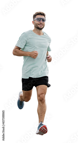 An athlete performing a workout in running shoes. A man jogging alone at full height. Uses a smart fitness watch. Cardio training in fitness clothes. Transparent background, png.