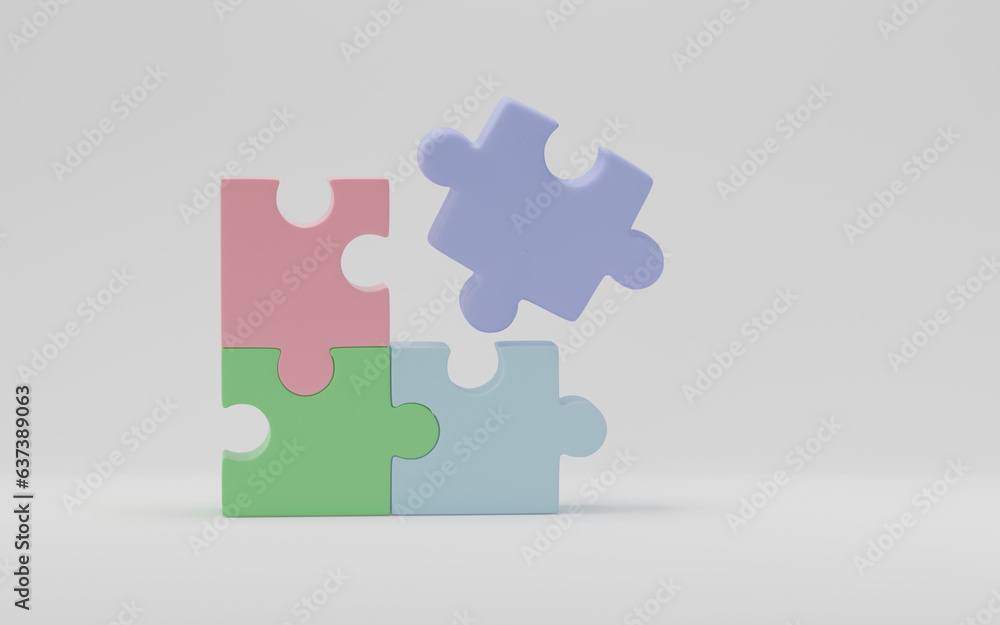 3D render, jigsaw puzzle pieces on white background. Problem-solving, business connecting, cooperation, partnership concept. 3D render, jigsaw puzzle pieces on white background. Problem-solving, business connecting, cooperation, partnership concept.