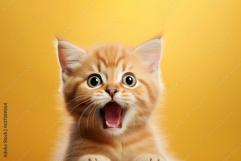 Funny little cat looking shocked with mouth open. Portrait of cute kitty on yellow background with copy space Funny little cat looking shocked with mouth open. Portrait of cute kitty on yellow background with copy space