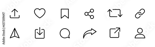 Communication icon set. Share, save, like, comment, connection. Social media sign collection